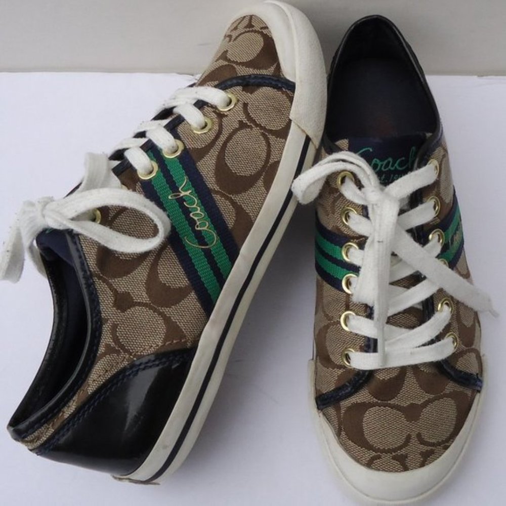 Coach Folly Sneakers Brown with green and blue stripe Size 7.5